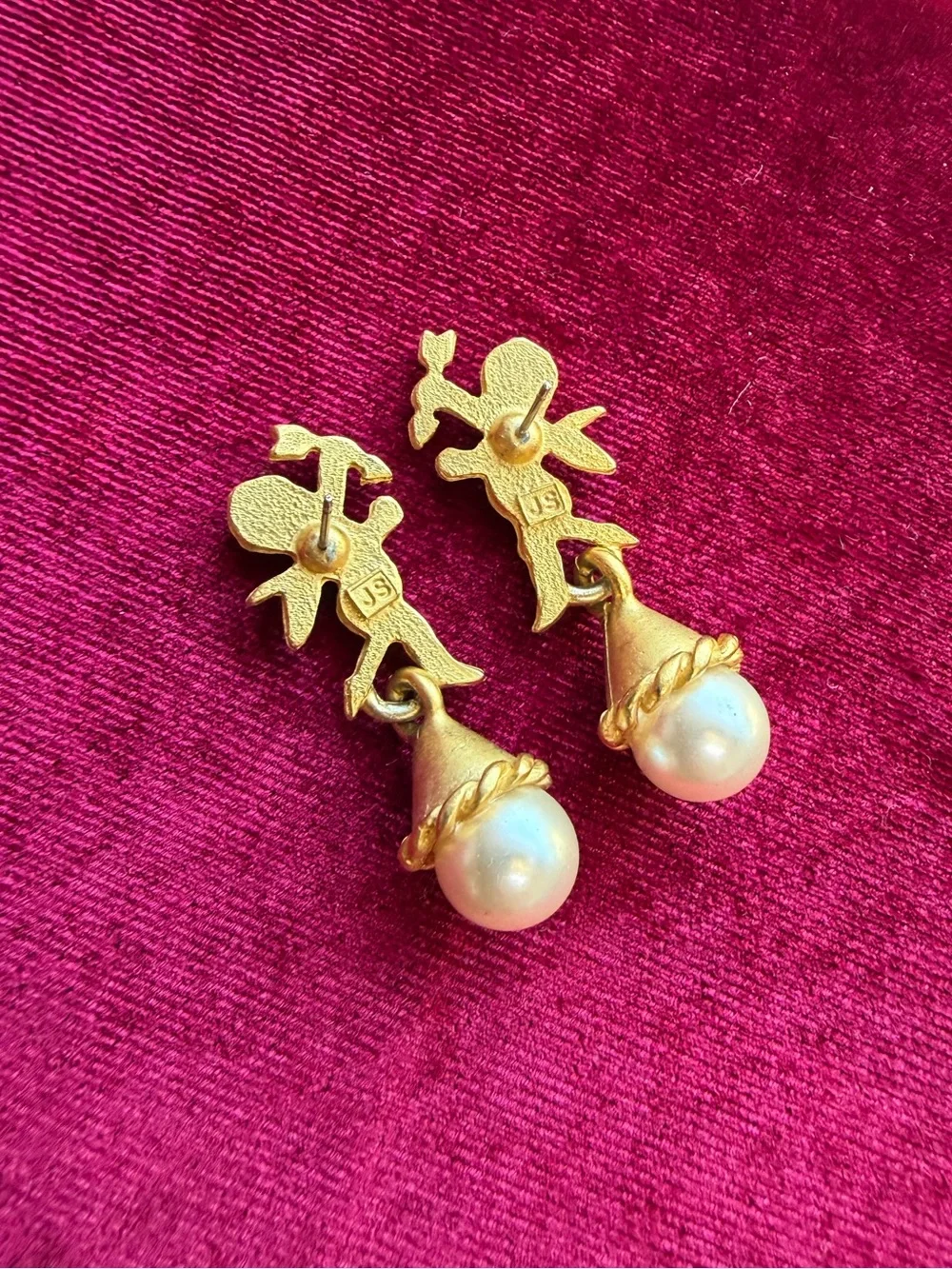 Jim Shore Yellow Gold Toned Angel Cherub Pearl Drop Earrings